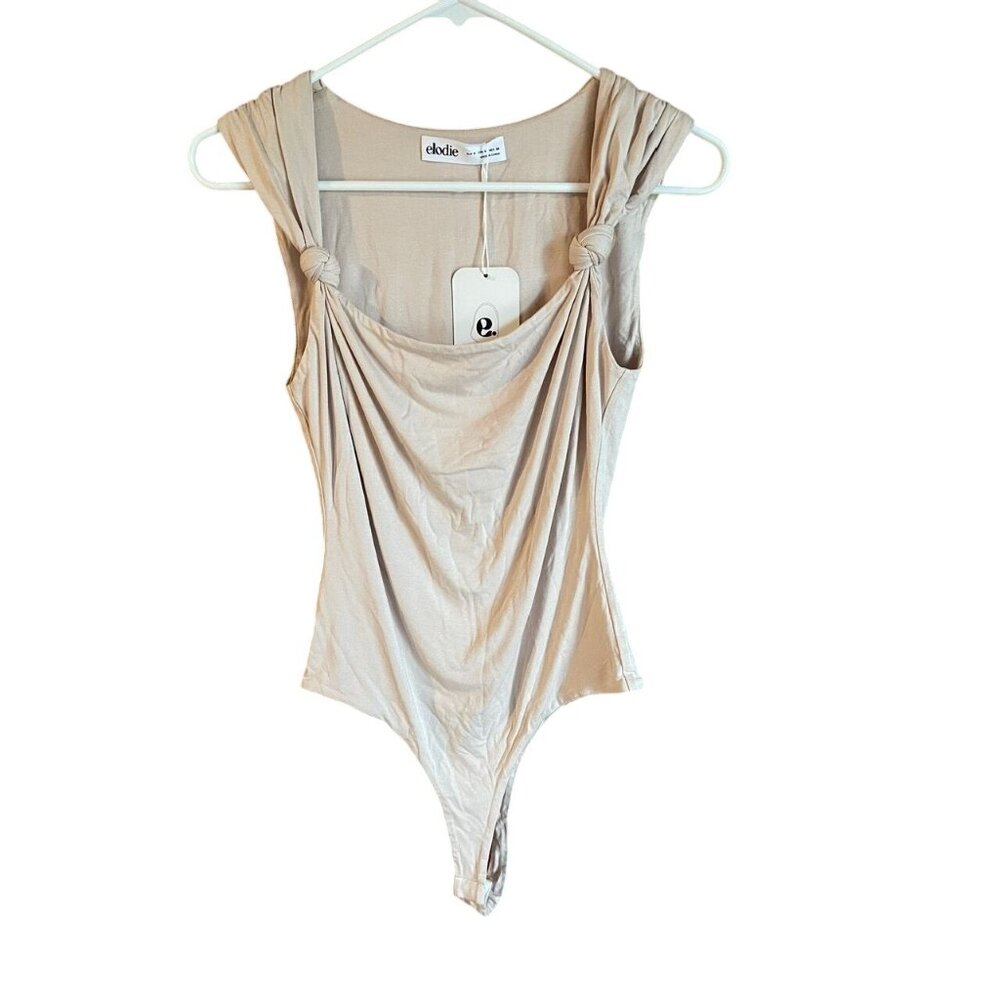 Elodie Beige Sleeveless Draped Knot Shoulder Bodysuit Size S
